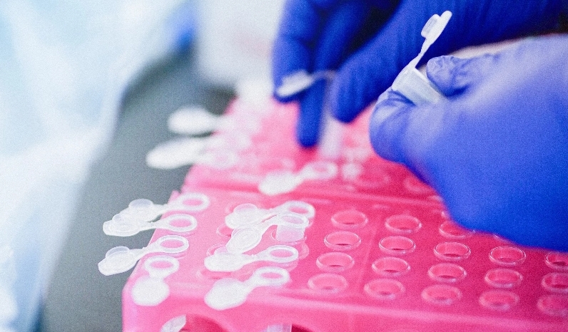 A scientist handling test tubes