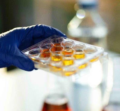 A scientist handling test tubes